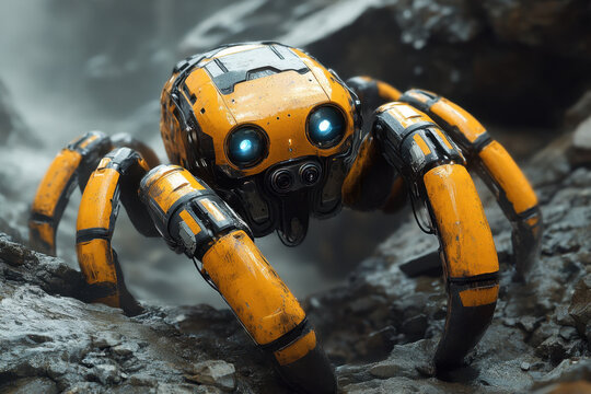 Robot standing on rocky surface.