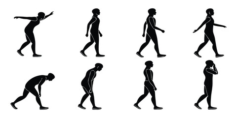 Black Silhouette Human Figures In Various Poses On White Background silhouette, human, figure, person, man, woman illustration. 