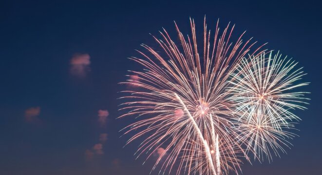 Colorful fireworks burst against a dark night sky