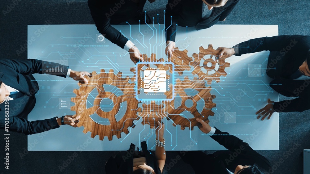 Poster a dynamic business team collaborates around a table, combining gears and circuit board graphics to s