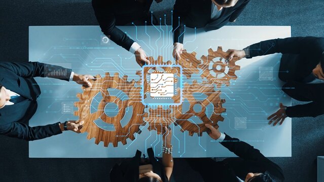 A dynamic business team collaborates around a table, combining gears and circuit board graphics to symbolize innovation and teamwork in a modern office environment. Raster - Powered by Adobe
