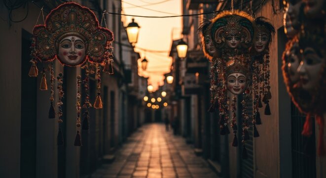 Colorful masks hang from buildings in a narrow alleyway at sunset