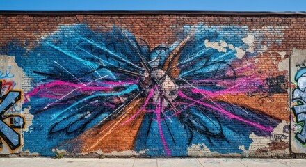 Colorful mural on a brick wall.  Abstract design with radiating lines and bursts of color