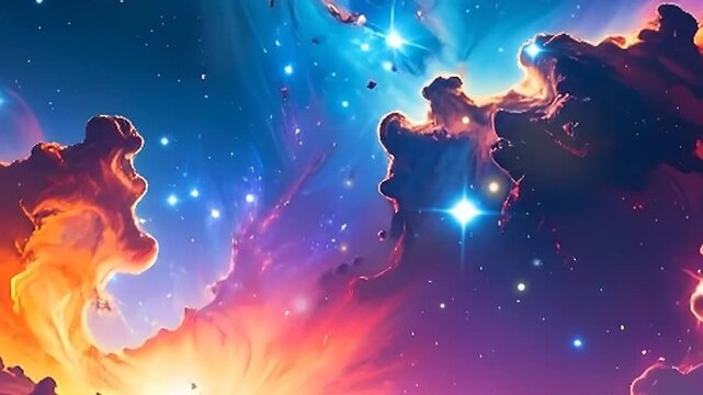 Cosmic clouds swirl in a vivid celestial display of blue, orange, and violet hues