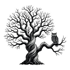 Vector art of owl sitting on a tree branch isolated on white background