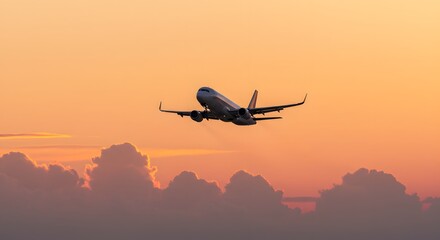 Commercial passenger airplane taking off and ascending into the colorful sky during a breathtaking sunset, a symbol of modern air travel and vacation