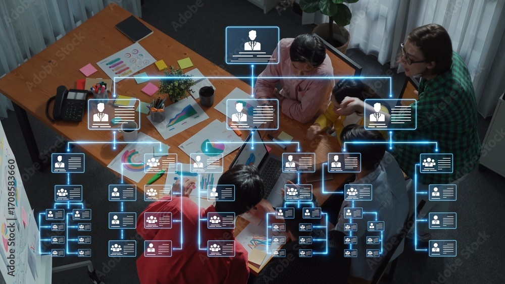 Poster a diverse team collaborates in a modern office, engaging in discussions around data visualization an