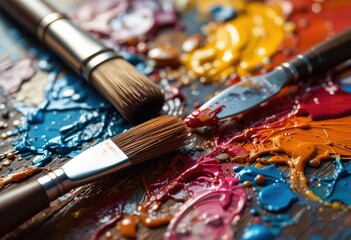 Fototapeta premium Palette Knife Scraped Strokes Macro View of an Artist s Palette with Fresh Paint Used Brushes. Studio Light Reflects off Glossy Oil Colors.