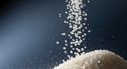 White sugar falling on pile of sweetness, isolated on dark background. Sugar creates delicious confectionery and sweet baked goods. Sugar sprinkles add to the enjoyment, white sugar enhances taste.