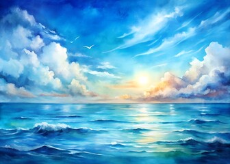 Obraz premium A serene seascape painting with a bright sun and fluffy clouds above the ocean