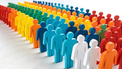 Obraz premium Large group of colorful human figures in rows, representing a crowd or population