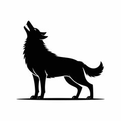 Silhouette of a wolf howling at the moon on a white background
