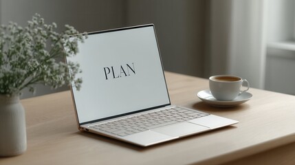 Fototapeta premium Workspace With Laptop, Coffee Cup, and Fresh Flowers