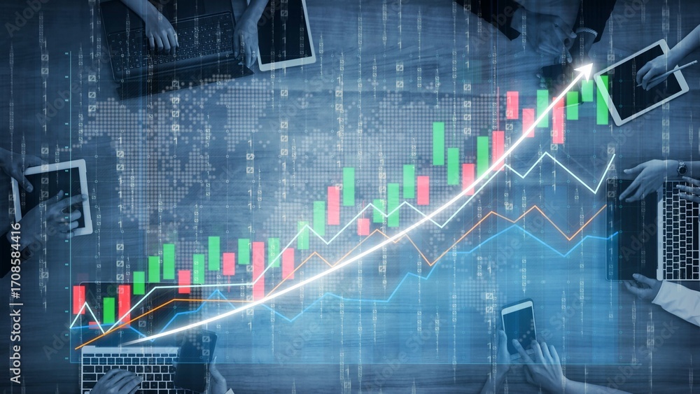 Poster vibrant financial growth chart displaying upward trends with modern devices in a professional worksp