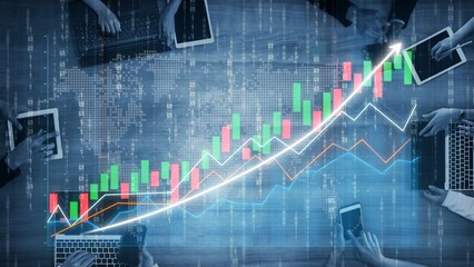 Vibrant financial growth chart displaying upward trends with modern devices in a professional workspace, highlighting the essence of teamwork and data analysis. Copula