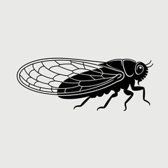Black silhouette of a cicada insect with detailed wings on a light gray background