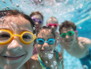 Naklejka premium Group of smiling kids wearing goggles playing underwater in a swimming pool.