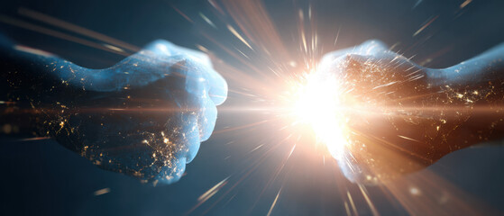 Two digital fists colliding with sparks of energy, representing innovation, confrontation, competition, and the clash of ideas or technologies.