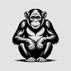 Detailed black and white illustration of a chimpanzee sitting