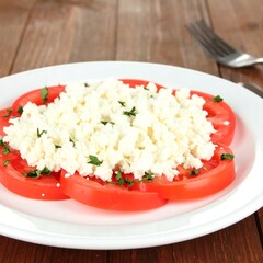 White crumbly cheese on sliced tomatoes, garnished with herbs