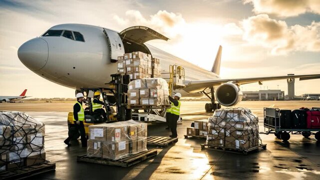 Air Cargo Loading at Sunset - Workers load cargo onto a large passenger airplane on an airport tarmac at sunset. Forklifts and ground crew are efficiently handling numerous packages and pallets.