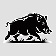 Silhouette of a wild boar running through grass in black and white