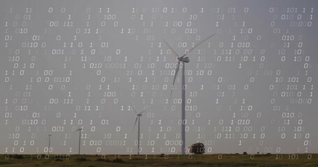 Binary code drifting downward initiating overlay as wind turbines rotating visualizing data flow - Powered by Adobe