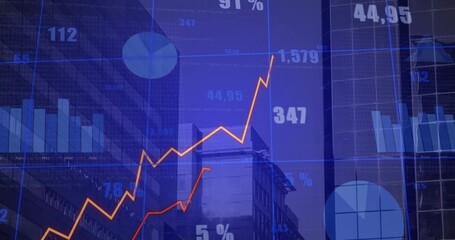 Financial charts appearing lower left and above center, lines tracing changes to show trends - Powered by Adobe