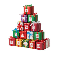 A pyramid of christmas advent calendar gift boxes with numbers one through twenty four isolated on transparent background