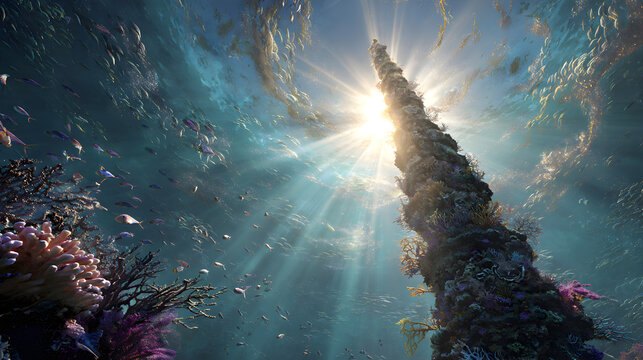 Sunlit underwater coral tower with tropical reef fish and radiant sunbeams streaming through clear ocean water, showcasing vibrant marine biodiversity, conservation beauty,