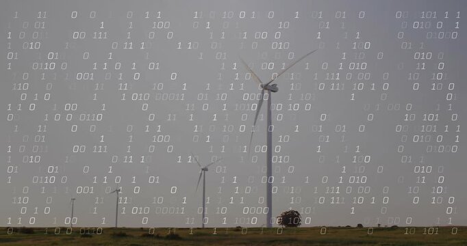 Binary code drifting downward initiating overlay as wind turbines rotating visualizing data flow - Powered by Adobe