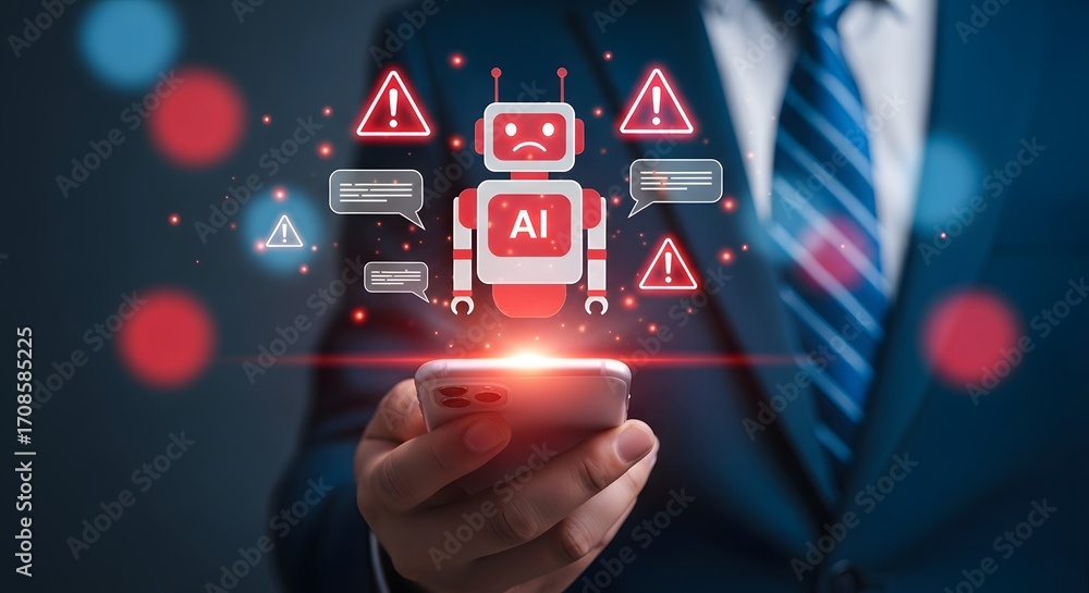 Poster concerned businessman views ai chatbot with warning alerts and error messages on smartphone, illustr