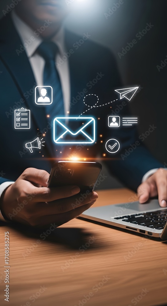 Poster professional businessman seamlessly manages digital communication and tasks using smartphone and lap