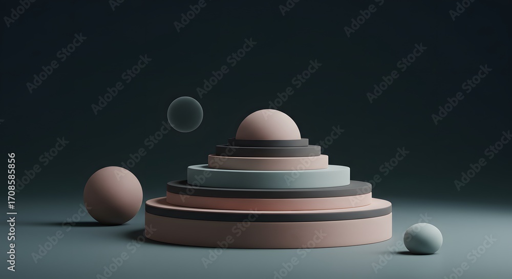 Poster abstract 3d render: layered cylinders and spheres in a minimalist composition, a study of geometric 