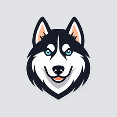 Simplified illustration of a husky dog head with a smiling expression and striking blue eyes