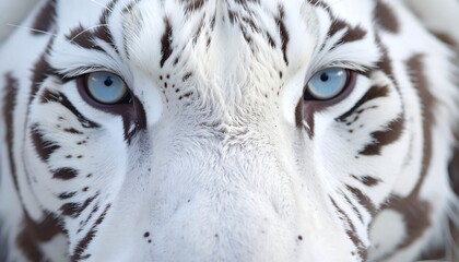 Intense close-up of a white tiger's face highlighting its piercing blue eyes