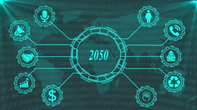 Futuristic 2050 Global Network Technology Icons Connecting World Map Digital Data Flow Communication Finance Business Innovation Cyber Security Sustainability Human Resources