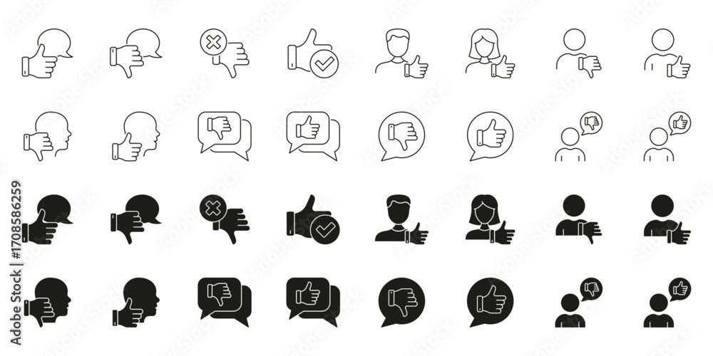 Poster thumbs up and down feedback line and solid icon set. approval and disapproval communication symbol c