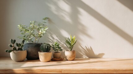 Fototapeta premium Elegant photo of indoor home scene with plants in pots. Sunlight casts shadows on light wooden surface, wall. Minimalist design with clean lines, empty space. Ideal for zoom.