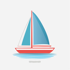 Simplified Sailboat Illustration with Red Hull, Blue Sails, and Subtle Water Detail