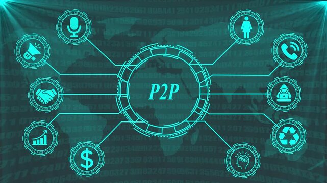 Peer to Peer network concept P2 P technology global connections digital data transfer communication icons handshake money finance growth security cyber crime recycling brain