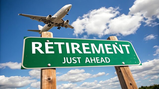 Airplane flying over a green retirement sign with text retirement just ahead against a blue sky with clouds