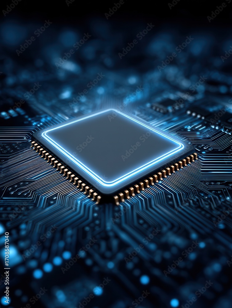 Poster close-up view of a glowing microchip on a circuit board