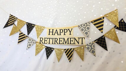 Happy retirement banner with gold and black triangular flags and a central sign, against a sparkling white background