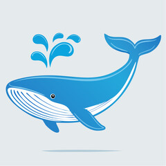 Stylized Blue Whale Illustration with Water Splashes and White Highlights on Gray Background