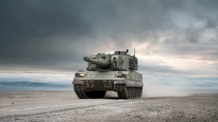 Military Tank Moves Through a Rugged Landscape at Dusk
