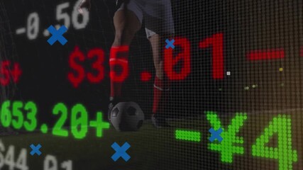 Soccer player dribbling forward under floodlights activating bar charts data tickers for finance - Powered by Adobe