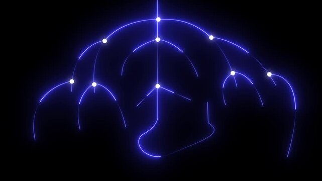 Digital Brain Synapse Simulation in Neon Lights. AI Neural Network Data Flow Concept.