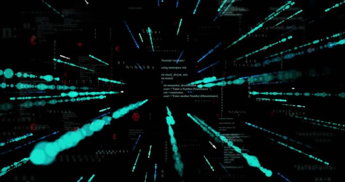 Teal and blue dots appearing converging into streaks visualizing flow with code panels receding