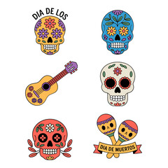 Dia de los Muertos icons, guitar and maracas, sugar skull faces, playful stickers, bright colors, holiday celebration vector